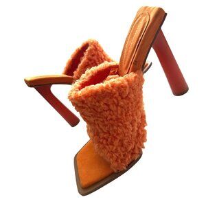 Lemonade Sunny Orange Fuzzy Open-Toe Round High-Heeled Mules Square Toe Size 7.5